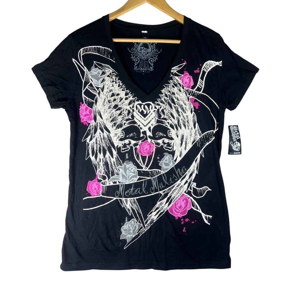 Metal Mulisha Womens Tangled Graphic V-Neck T-Shirt Black Skulls Roses Large NWT